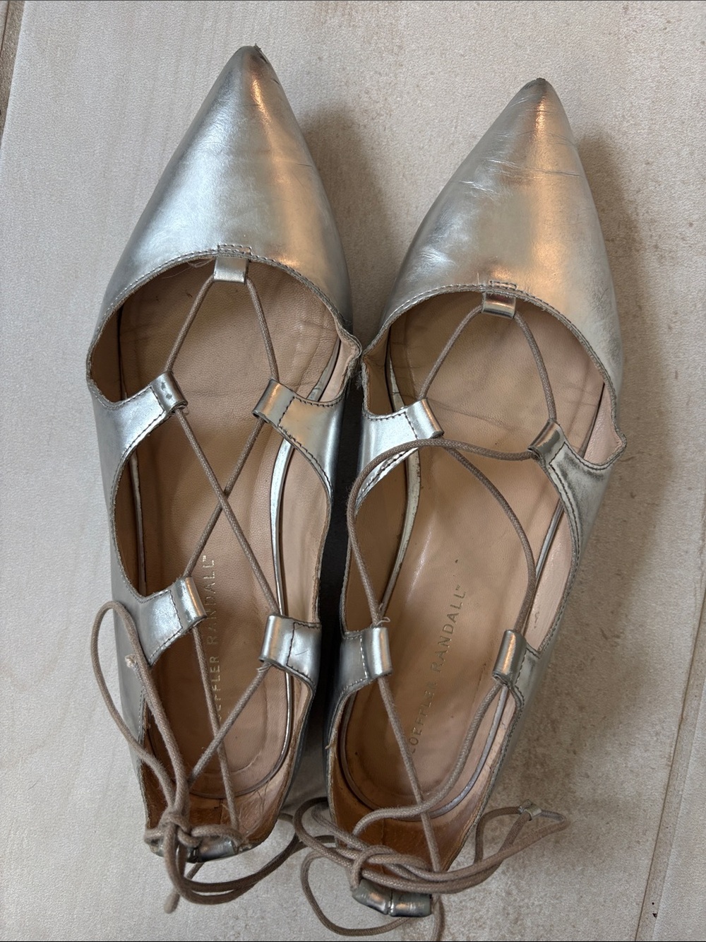 Loeffler Randall Silver Pointed Lace-Up Ballet Flats with Crisscross Straps